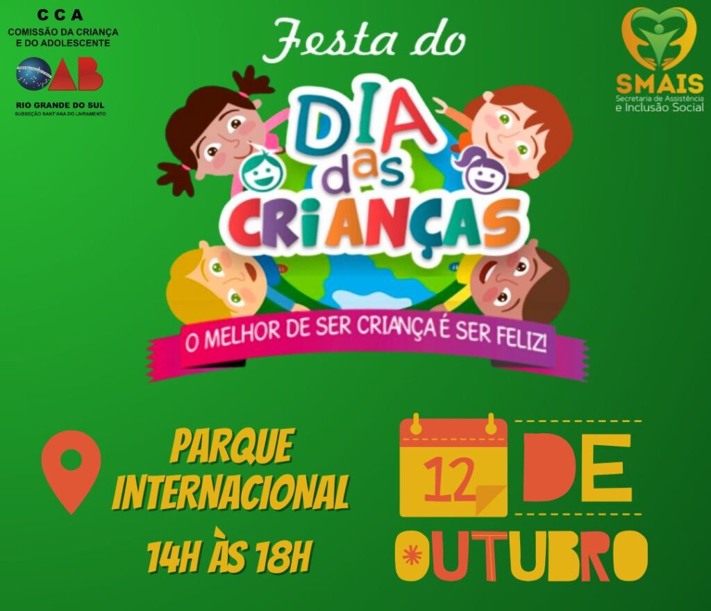 [09:45, 10/10/2022] +55 55 8453-8454: Bom Dia Débora! Gostaria se possível que vocês pudessem compartilhar essa informação sobre o evento alusivo ao Dia da Criança. Para que assim possamos atingir um maior número de Crianças do nosso município. A OAB subseção de Livramento por meio da CCA-Comissão da Criança e do Adolescente, comissão está coordenada pela advogada Daniele Pereira, irá realizar no dia 12/10/2022 das 14h às 18h no Parque Internacional evento alusivo ao Dia da Crianças em parceira com a Secretaria de Assistência Social e Prefeitura de Sant’Ana do Livramento. Desde já agradeço pela atenção. Daniele Pereira Coordenadora da Comissão da Criança e do Adolescente da OAB Subseção de Sant'Ana do Livramento. [09:45, 10/10/2022] +55 55 8453-8454: 12/10 Dia das Crianças é no Parque Internacional das 14h às 18h. 🟢Entrada Gratuita!!!🟢 Esse projeto tem como objetivo criar memórias afetivas nas crianças que vivem em situação de extrema vulnerabilidade social em nosso município, esperamos que seja um dia que fique guardado na memória de cada uma delas que lá se fizerem presente. E ainda, o evento contará com os registos fotográficos da Maiara Ruviario, sorteio de cursos profissionalizantes para os Pais ou Responsáveis, além de distribuição de brinquedos e show com: Laxa e Breno Neto. 🟢Transporte Gratuito🟢 Haverá transportes a partir das 13h30 min nos seguintes bairros da cidade: Wilson, Tabatinga, Parque São José, Carajás PONTO- Colégio Pinto da Rocha Vila Progresso PONTO- colégio Nepomuceno Vila Simão Bolívar PONTO- UBS Vila Prado PONTO- CRAS Prado Vila Santa Rosa PONTO- Colégio Abreu Fialho Divisa, Vila Meneses, Vila Julieta PONTO- Escola Dr. Élbío Armour, Morada da Colina São Paulo, Parque do Sol -PONTO - Colégio Cyrino Importante salientar que esse evento não seria possível sem os nossos apoiadores são eles: 7º RCMec, 2º RPMom da Brigada Militar, Secretária de Trânsito, Secretária de Saúde, CRM, Vigilância Ambiental em Saúde, Conselho Tutelar, AEPTI, PIM, CREAS, CRAS, Recofran, Righi Supermercados, Supermercados Niederauer, Padaria e Confeitaria Florense, Erva Mate Ximango, Jornal Correio do Pampa, ALEX Embalagens, Alegria Kids, La Rufina Festas y Eventos, Zezinho Presentes, Casa dos Presentes, Escoteiros, Movilcor/FamilleMed, Liga de Combate ao Câncer, Rotary, Rudi Moura Hair Designer, Maiara Ruviario Fotografia, Start Up Polo Educacional, Laxa e Breno Neto, além de outros de forma anônima. A todos esses o nossa gratidão!