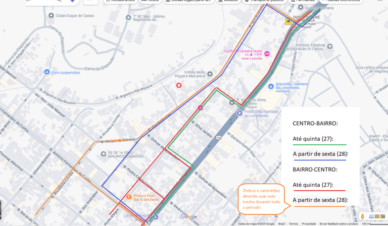 Mapa com as rotas de deslocamentos para veículos durante o carnaval.